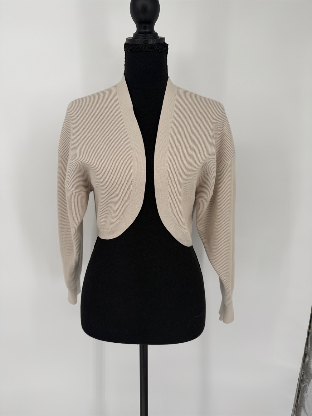 Babaton Beige Cropped Ribbed Open-Front Shrug